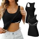 V FOR CITY Womens Shelf Bra Tank Tops Racerback Workout Camis Yoga Shirt Cotton Undershirt 2 Pack (Medium, Black/Black)