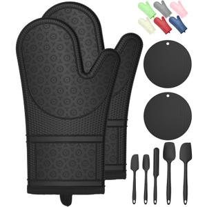 Oven Mitts with Heat-Resistant Hot Pads and Five Silicone Spatulas Designed for Kitchen Baking Cooking, Oven Glove Soft Cotton Lining, Waterproof, BPA-Free (Gun Black)