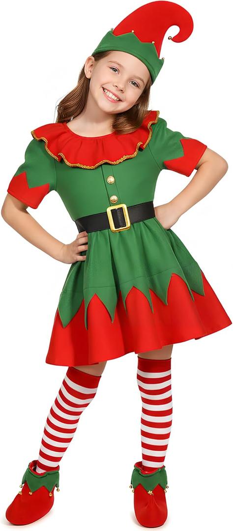 Kids Christmas Elf Costume for Girls Holiday Elf Costume Dress with Elf Hat (7-8 Years)