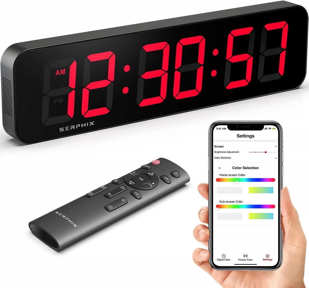 SERPHIX 15.2" Large Digital Wall Clock with Seconds, App & Remote Control, Customizable RGB Colors, Alarms, Stopwatch, Countdown, Timer Clock for Home Gym Living Room Office Garage Decor