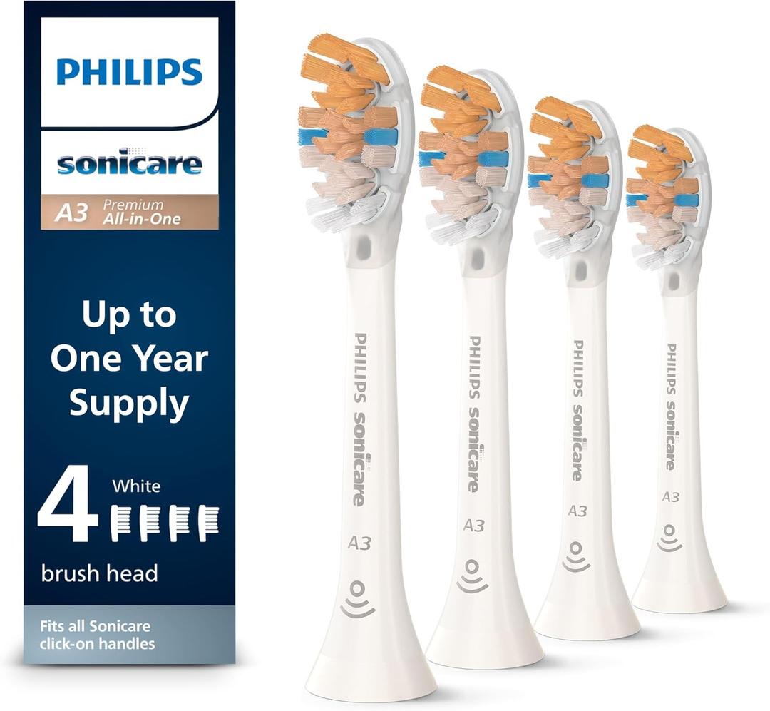 Philips Sonicare A3 All-in-One - Genuine Replacement Electric Toothbrush Heads, White, 4 Pack One Year Supply, HX9094/65