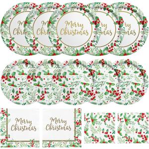 Christmas Party Supplies, Serve 50, Christmas Seasonal Holly Tableware Includes: Paper Dinner Plates, Dessert Plates, Luncheon Napkins and Beverage napkins, Great for Party Decorations