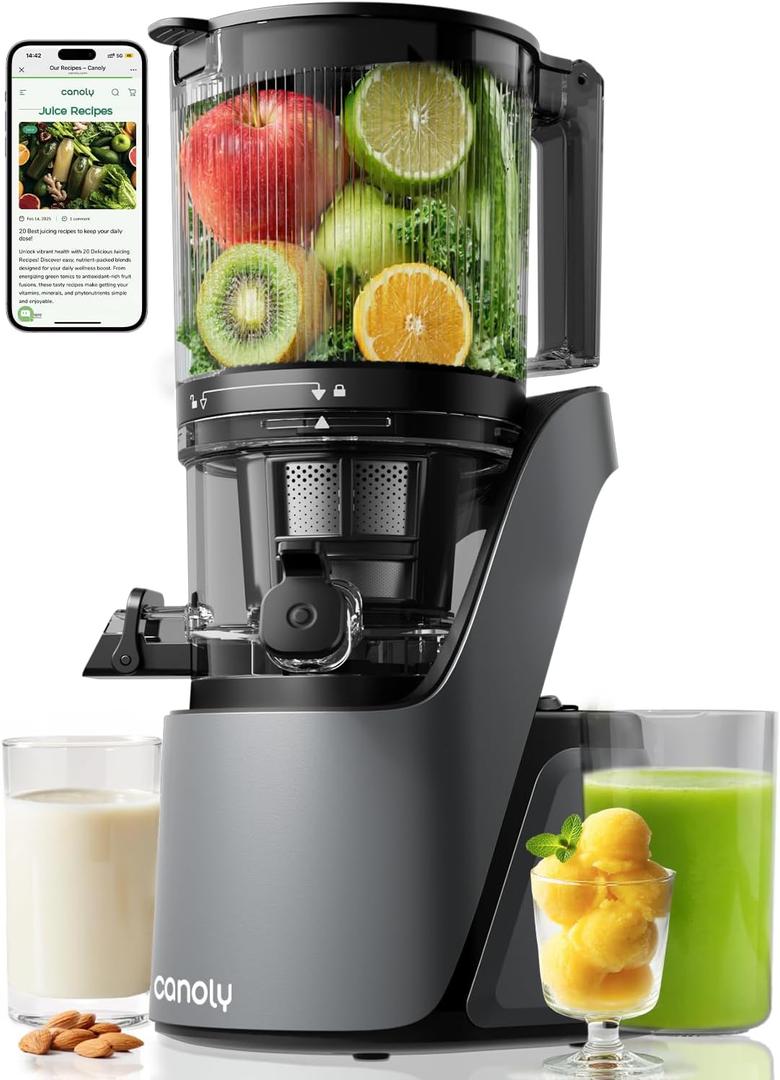Canoly C16 Cold Press Juicer, 6" Extra Wide Feed Chute, 3-IN-1 Strainers (Juice & Sorbet & Nut Milk), Powerful AC Brushless Motor, Self Precut System, Juicer Machines with BPA-Free (Space Gray)
