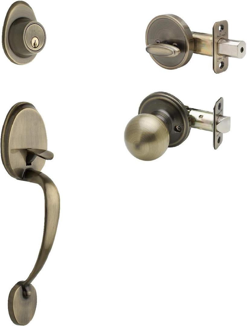 Copper Creek CZ2610XBK-AB Mid-Century Modern Entrance Handleset in Antique Brass with Ball Knob Interior