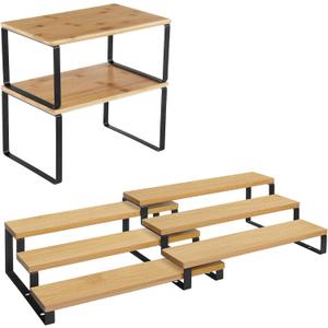 SONGMICS Bamboo Shelf Organizers and Spice Racks Bundle, 2 Sets of 2 Cabinet Organizers, for Kitchen Organization, Natural and Black UKCS02NB and UKCS016N01