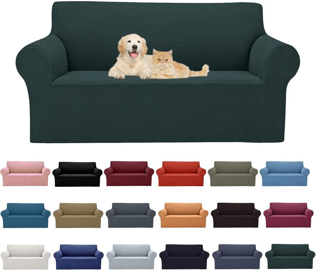 Cupuamon 2025 New Stretch Loveseat Sofa Slipcovers Couch Cover for 2 Cushion Furniture Protector Sofa Covers with Elastic Bottom Jacquard Fabric Small Checks for Pets, Kids - Hunter