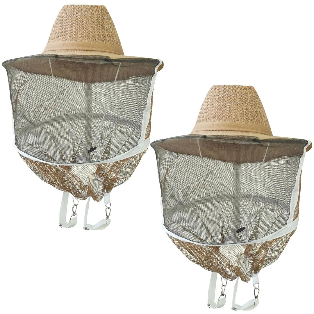 2 Pack Beekeeping Veil Bee Keeper Hats, Ventilated Beekeeping Veil Hat with High Visibility Veil and Long Elastic Shoulder Strap for Men Women