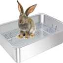 Large Stainless Steel Rabbit Litter Box,Bunny Litter Pan with Widened Grid,Toilet Tray,High Back Wall,Deep Waste Storage 