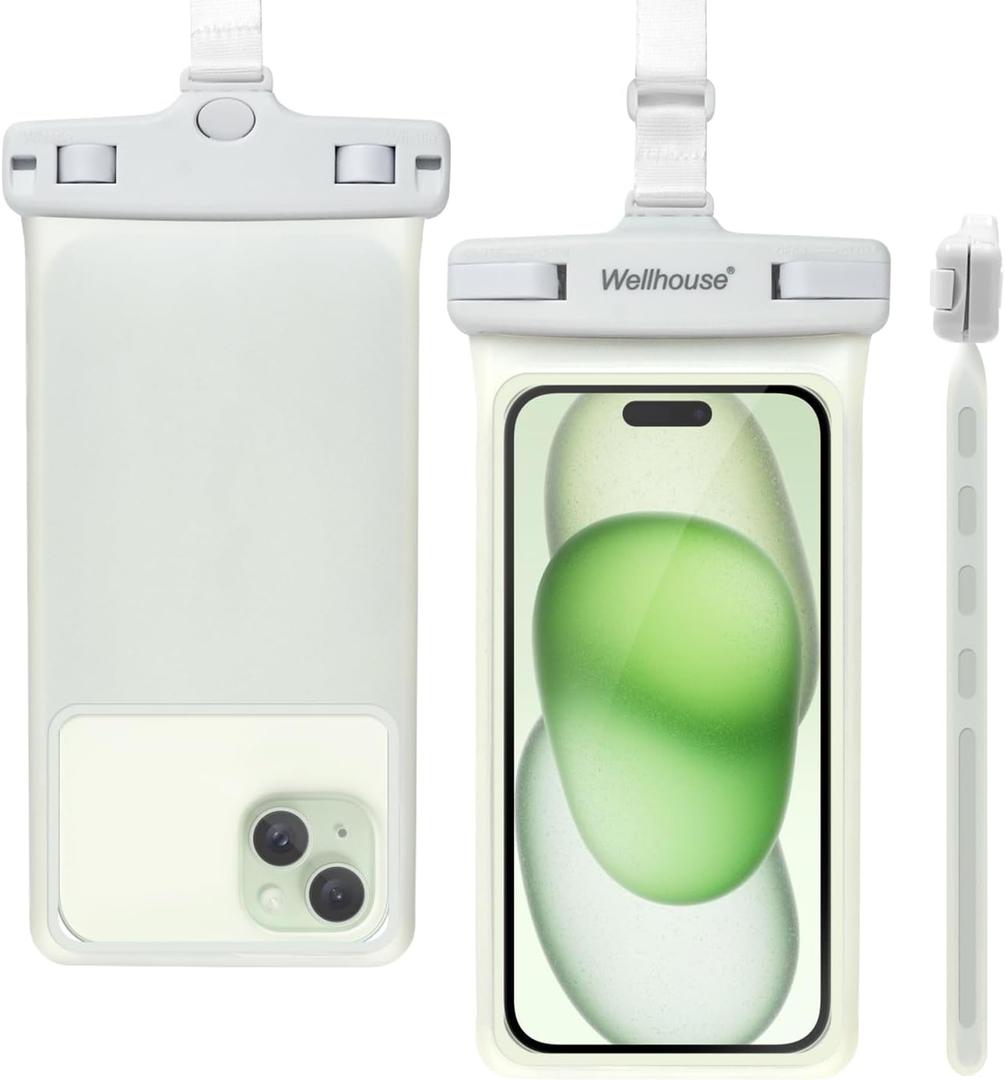 wellhouse Waterproof Phone Pouch, Waterproof Phone Case for iPhone 16 15 14 13 12 Pro Max XS Samsung, IPX8 3D Cellphone Dry Bag Beach Essentials (1 Pack - Luminous White7.0, 7 inch)