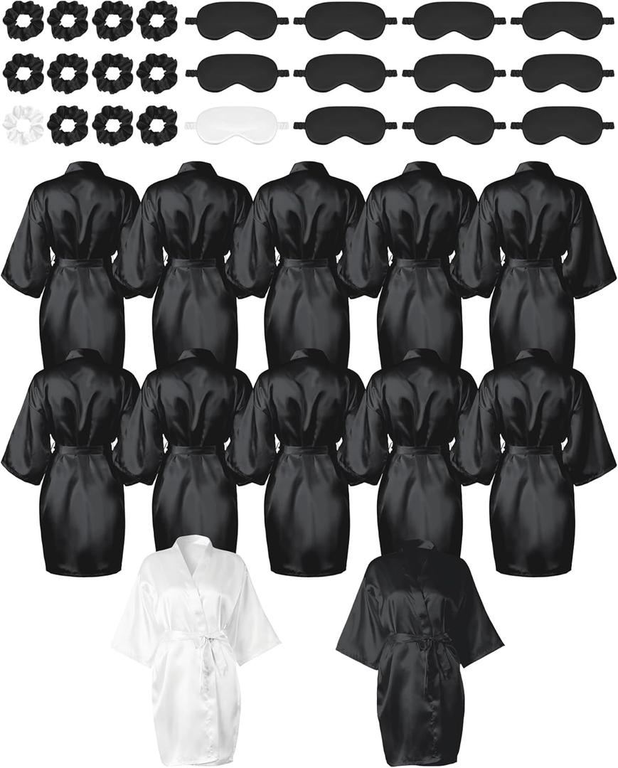 Wesiti Satin Women Robes Kimono Robe Bulk with Sleeping Mask and Hair Tie Sets Silky Bathrobes for Birthday Wedding Party (White, Black)