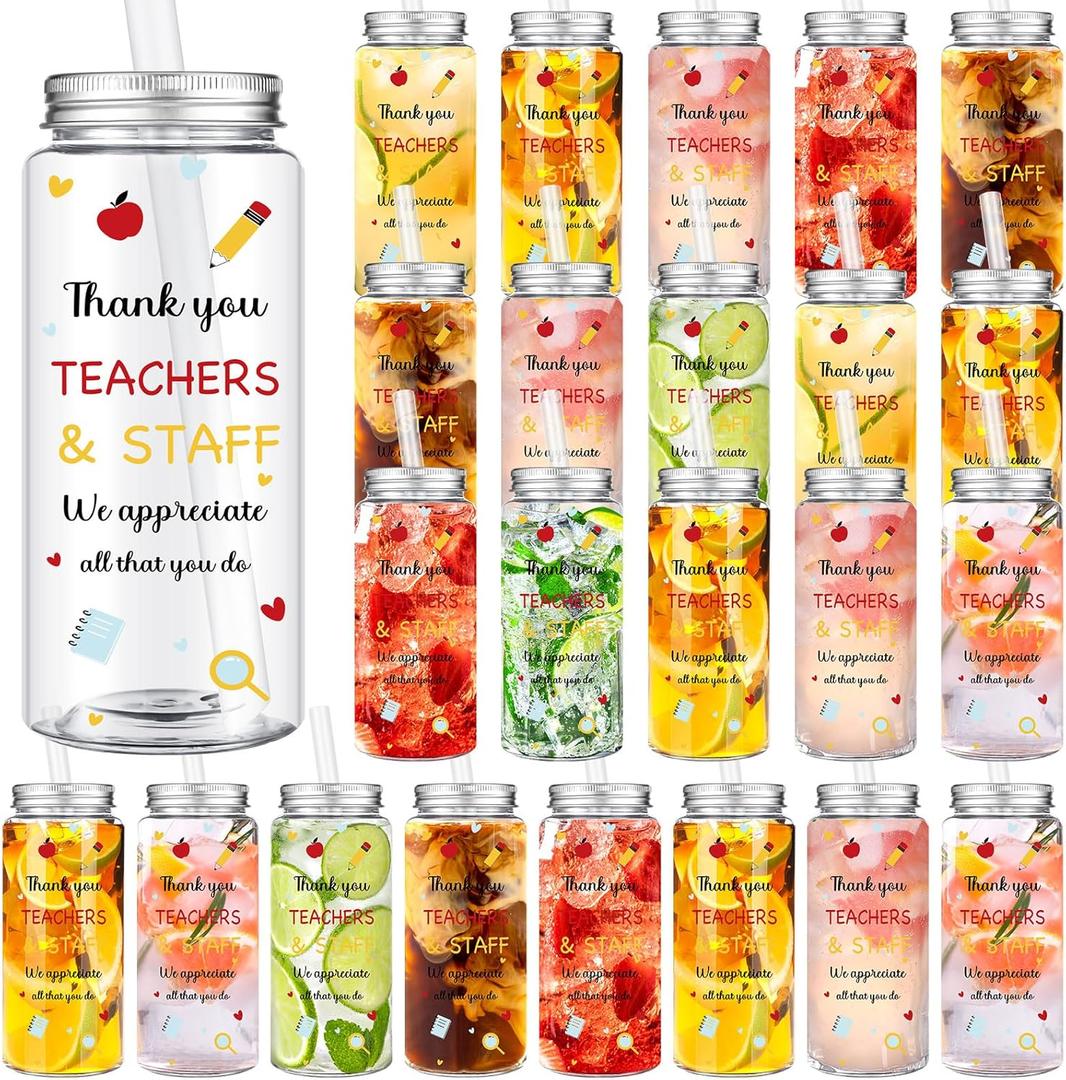 Skylety 24 Pcs Teacher and Staff Cup Gift Bulk End of Year Gift for Teacher and Staff Plastic Tumbler with Lids and Straws Graduation Gifts for School Coworker Stuff