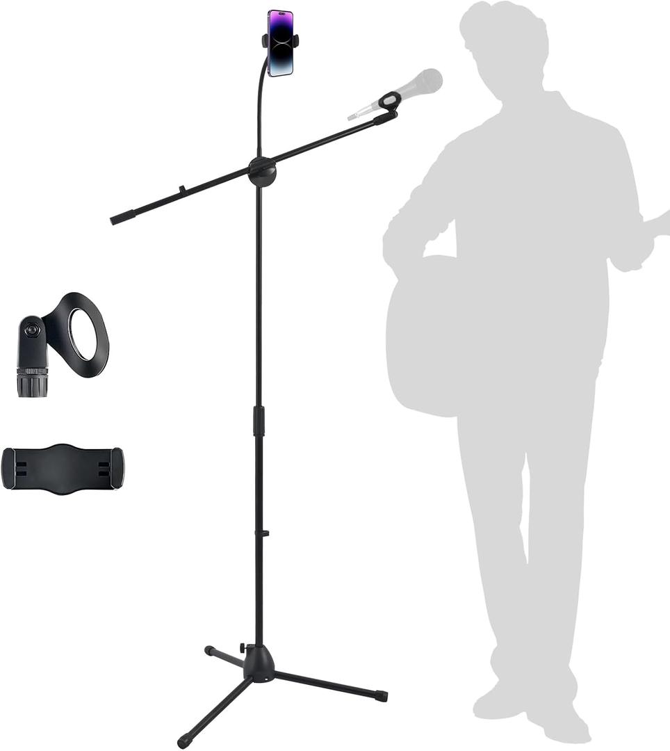 Microphone Floor Stand, Mic Stand Floor with Phone Holder Height Adjustable, Tripod Stable Stand with Boom Arm Dual Device Mount for Streaming, Podcasting, Recording, and Live Performances