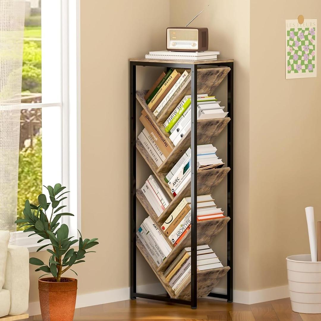 Cutogxon Tree Bookshelf - 9 Tier Floor Standing Bookshelf for Hardcover Books, Small Bookshelf for Small Spaces Wooden Book Storage Organizer Shelves for Bedroom Living Room (Rustic)