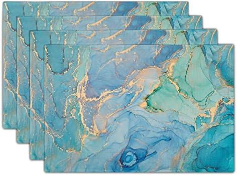 Teal Placemats Set of 4 Washable Non-Slip Heat Resistant 12×18 Inch Turquoise Blue Thick Place Mats Decorative Linen Fabric Peacock Table Mat for Dining Table Kitchen Home Decor
