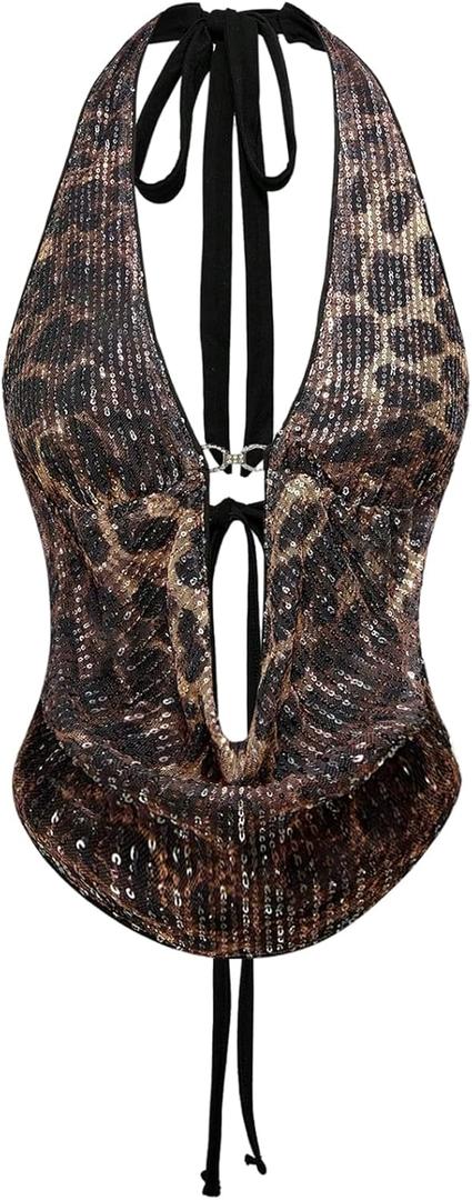 Verdusa Women's Cheetah Print Sequin Top Y2K Tie Back Corset Halter Going Out Crop Tops (Brown, Small)