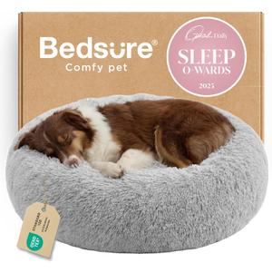 Bedsure Calming Dog Bed for Dogs - Donut Washable Pet Bed, 36 inches Anti-Slip Round Fluffy Plush Faux Fur Dog Bed, Fits up to 80 lbs Pets, Pale Grey