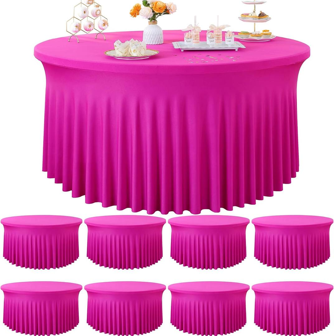 8 Pack Hot Pink Spandex Round Tablecloths for 72 inch Tables, Stretchy 132inch Fitted 6FT Round Table Cloths with Skirt for Wedding Party Dining Banquet