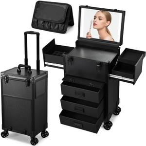 Faquenc Rolling Makeup Case with Lighted Mirror, Cosmetology Case on Wheels with LED Mirror, Professional Salon Trolley Cart with Drawer,Travel Makeup Lockable Beauty Organizer with Live Stream Light
