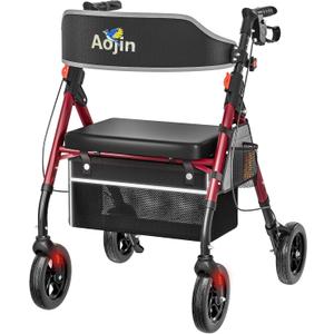 Lightweight Foldable Rollator Walkers with Seat for Seniors, 350 lb Capacity, 8'' Wheels, 17.7" Big Seat, 6-Position Adjustable Height, Ultralight Aluminum Frame Rolling Walker (Red)