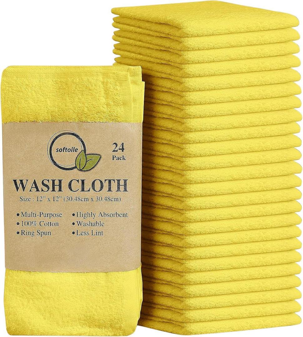 100% Cotton Washcloths 24 Pack (12x12 Inches) Soft, Highly Absorbent Washcloth, Face Towels, Wash Cloths for Face, Ring Spun, Bulk Pack (Yellow)