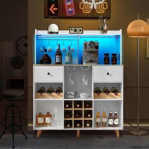 Wine Bar Cabinet with Power Outlet & LED Light, Bar Storage Cabinet with Drawers and Removable Shelves, Wine Cabinet Sideboard for Liquor and Glasses, Coffee Bar Cupboard,Woot (Wood)