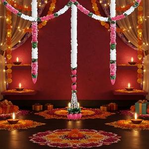 FineCheer 5 Pcs 184 Inch Total Diwali Decorations Artificial Jasmine Garlands Toran with Lotus Buds Traditional Indian Hanging Decoration for Pooja Diwali Wedding Housewarming (Mixed)