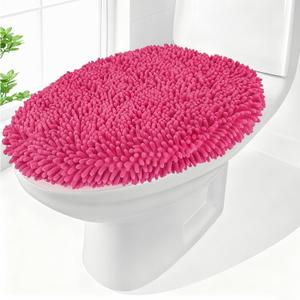 Chenille Elongated Toilet Seat Cover 19.5"x 15" Machine Washable Solid Toilet Lid Cover Adjustable Rubber Backing Fits Only 18-19.5"L x 14-16"W Elongated Toilet Seat (Hot pink)
