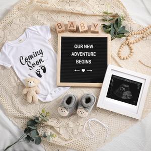 Canlierr 9 Pcs Pregnancy Announcement Set Pregnancy Reveal Ideas Felt Letter Board Baby Bodysuit Booties Photo Frame Bear Plush Wood Blocks for Coming Soon Baby Announcement (Black)