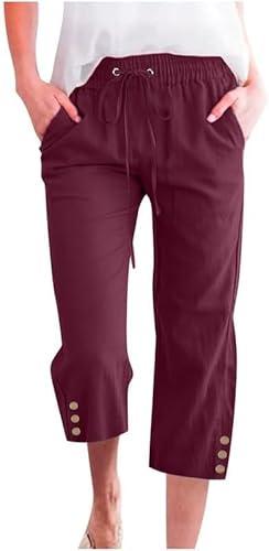 Womens Summer Capris Pants Causal Drawstring Elastic Waist Pants Lightweight Trousers Buttons Trim with Pockets Wine Red, XXL