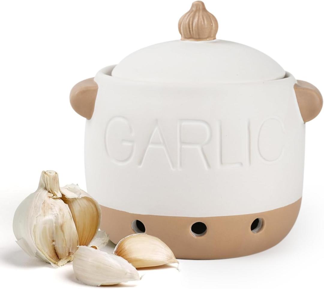 Garlic Keeper, 5.5" Ceramic Garlic Holder for Counter, Large Garlic Storage, Garlic Keeper with Lid to Keep Your Garlic(White)