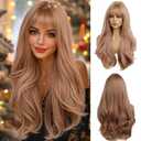 Long Wavy Strawberry Blonde Wig with Bangs for Women Natural Synthetic Hair Heat Resistant Wigs for Daily Party Cosplay Wear- 24 Inches