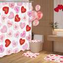 4Pcs Valentines Shower Curtain Set for Bathroom, Pink Red Heart Valentines Bathroom Sets Sweet Heart Decor Set with 12 Hooks Include Non Slip Rugs, Toilet Lid Cover, Bath Mat, Shower Curtain
