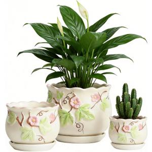 Vintage Flower Pots for Indoor Plant, Round Ceramic Plant Pots with Drainage Holes and Saucers, 6.7/5.2/3.9 Inches Retro Flower Planters Set of 3 (Morning Glory)