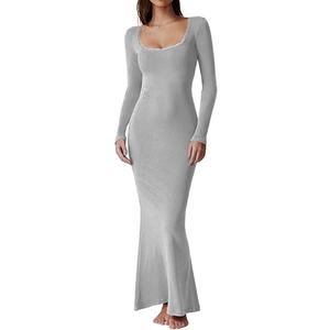 QINSEN Scoop Neck Long Sleeve Maxi Dress Ribbed Bodycon Dresses for Women Soft Lounge Dress Gray L