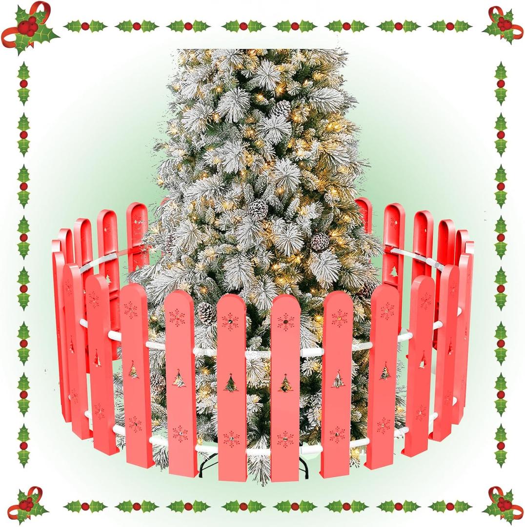Christmas Tree Fence, Holiday Decoration Picket Fence Plastic PVC Heavy Duty, Small Fence Panel Around Artificial Real Xmas Trees, Fence Gate to Go, Freestanding Circle Barrier for Toddler Cats, Red (28 PCS)