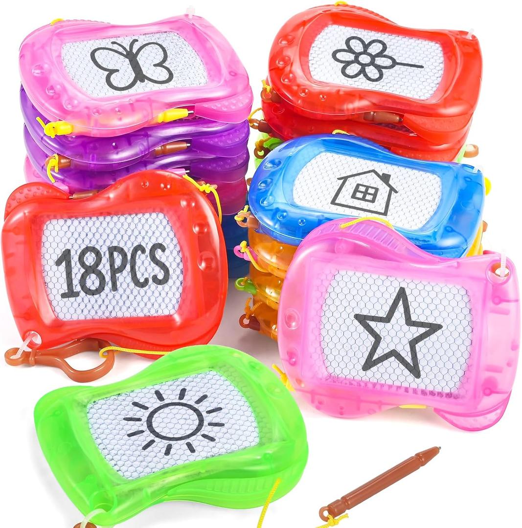 GOLDGE 18 Pcs Mini Magnetic Drawing Board for Kids (6 Colors)  Portable Doodle Sketch & Writing Pad with Erasable Surface, Fun Backpack Keychain Clip Art Toy, Birthday Party Favors for Boys Girls