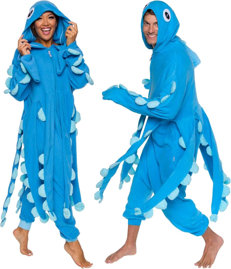 Funziez! Sea Creatures Onesie Lobster, Clown Fish, Hammerhead Shark, Octopus, Squid - Plush Adult Animal Costume Jumpsuit (Small, Blue)