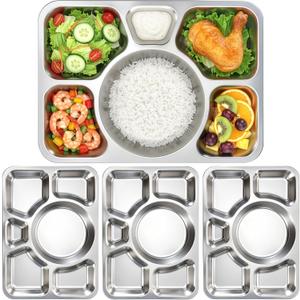 Hacaroa 4 Pack Stainless Steel Divided Dinner Plates, 15x10.6 Inches Large Snack Serving Plate with 6 Compartment, Metal Food Trays for Adults, Diet Food Portion Control, Picky Eaters