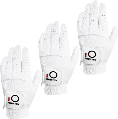Pack of 3 FINGER TEN All Weather Grip Golf Gloves Men Value  for Left Handed Golfer, Hot Wet Rain Grip & Comfort Soft Glove for Premium Performance,, White, Medium/Large 