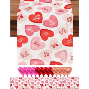 multiwins Valentines Day Table Runner and Placemat Set: 13"x48" Pink Ture Love Heart Table Runner with 4 Pcs 12"x18" Mats - Includes Love Balloon, 12 Heart Balloons, Stickers & Straws for Home Decor