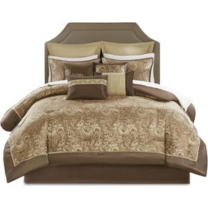 Madison Park Essentials Brystol 24 Piece Room in a Bag Faux Silk Comforter Jacquard Paisley Design Matching Curtains Down Alternative Hypoallergenic All Season Bedding-Set, King(104"x92"), Brown