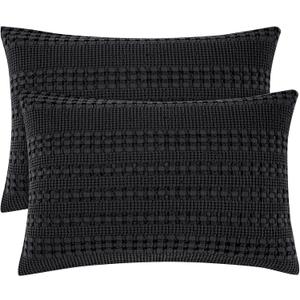 PHF 100% Cotton Waffle Pillow Shams Standard Size, 2 Pack 20" x 26" Soft Skin-Friendly Pillowcases, No Filling, Aesthetic Woven and Breathable Waffle Weave Pillow Case Covers for Bed, Black