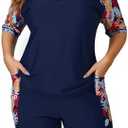 Halcurt Women's Plus Built in Bra Rash Guard Two Piece Swim Shirt and Pockets Boyleg Shorts 4XL