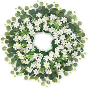 26" Daisy & Eucalyptus Wreath for Front Door, Porch, Window - Large Artificial Silk Flowers Outdoor Wreath for Home, Farmhouse Decor - Spring, Summer, Fall, All Seasons (White & Green)