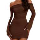 SOLY HUX Women's Ruched Off The Shoulder Bodycon Mini Dress Long Sleeve Party Dresses Plain Brown XX-Large (Brown, XXL)