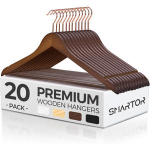 Smartor Wooden Hangers 20 Pack, Solid Wood Coat Hanger for Closet, Heavy Duty Wood Hangers for Suits, Shirts, Dresses, with 360 Rose Gold Hook, Non Slip Pant Bar, Walnut