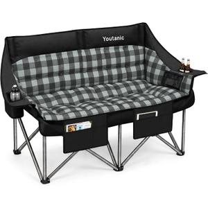 Youtanic 60" Extra Double Camping Chair, 700lbs Heavy Duty Padded Loveseat for Adults, Oversized 2 Person Folding Camp Couch with Dual Cup Holders, Portable Plaid Lawn Chair for Outside, Sports, Black