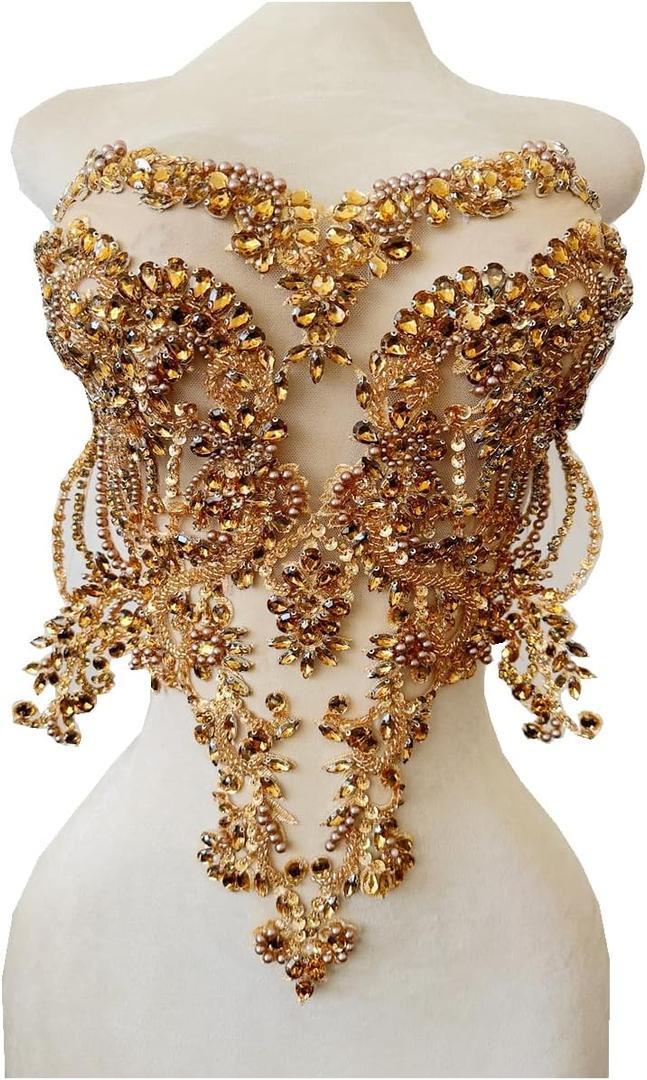 Handmade red/Blue/Gold/Green Rhinestones lace Bodice Applique Sewing Beads Crystal Trim Patches Accessory for Dress Clothes (Light Champagne)