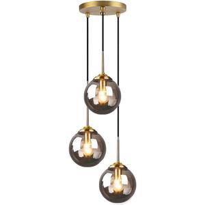 H XD GLOBAL Industrial Retro Loft 3 Way Pendant Light, Cluster Chandelier Hanging Lamp Fixture Brass Fittings with Glass Globe Lampshade (Grey) 