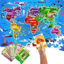QUOKKA Puzzles for Kids Ages 4-6 - 150 Pcs Floor Puzzles World Map for Kids Ages 4-8 Preschool Activities - Includes 50 Cards with 400+ World Facts - Continent-Shaped Jigsaw Puzzle Gift for Girls Boys